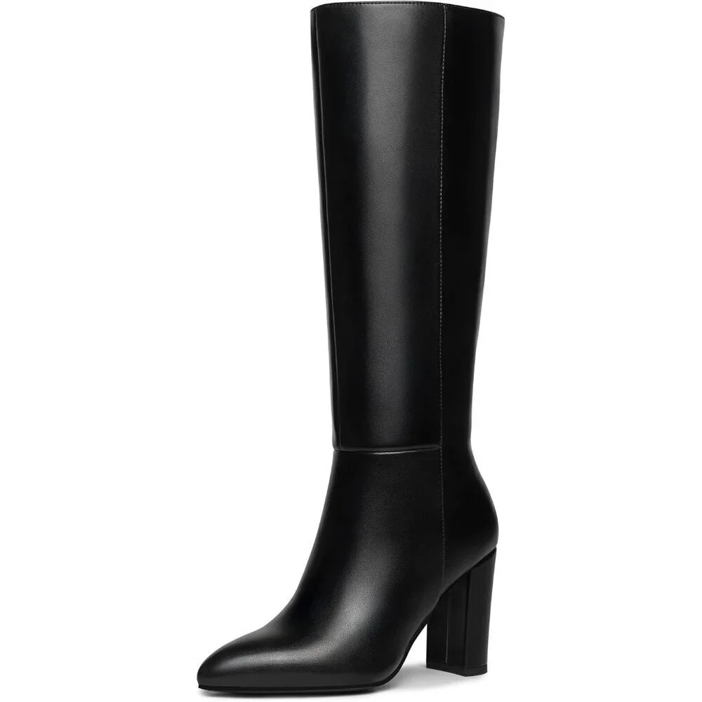 Women's Black Classic Chunky Heel Pointed Toe High Heel Side Zipper Tall Boots